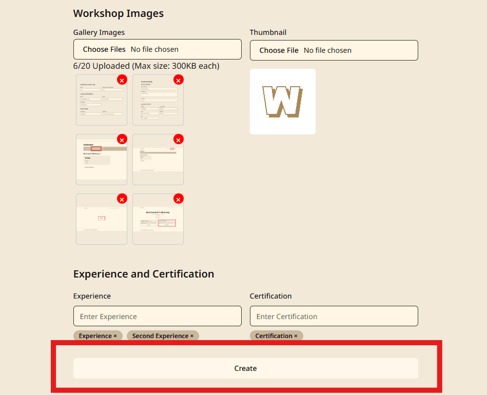 Step 5.4: Upload the workshop images and Click on the 'Create' button